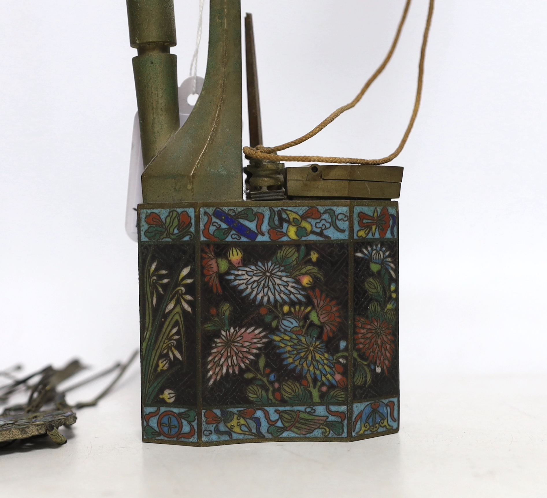 A Chinese enamelled pendant, a carved bone opium pipe and a cloisonné enamel water pipe, bone opium pipe 51cm high